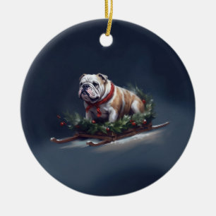 Bulldog Christmas snow winter Ceramic Tree Decoration