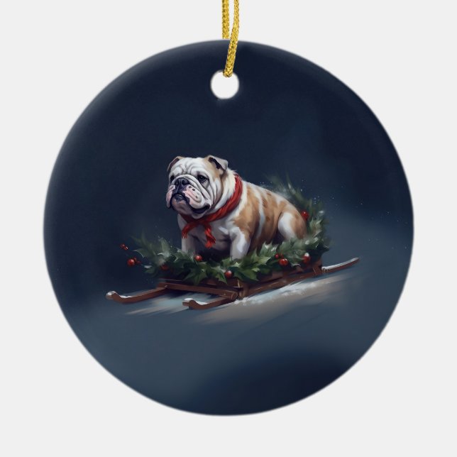 Bulldog Christmas snow winter Ceramic Tree Decoration (Front)
