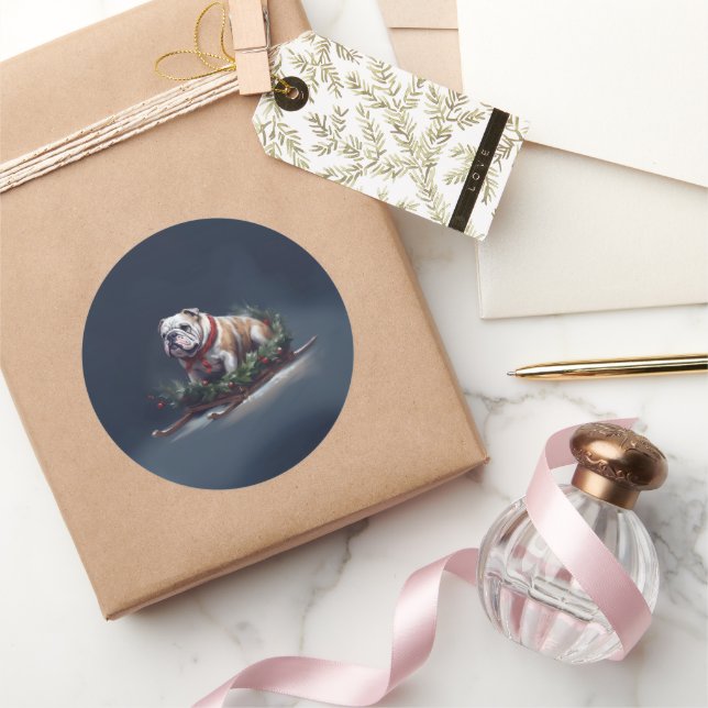 Bulldog Christmas snow winter Classic Round Sticker (Gifting)
