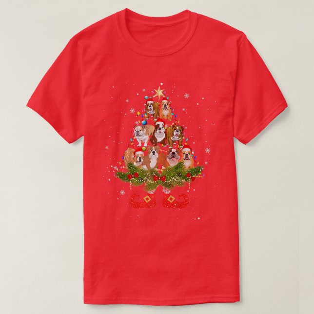 Bulldog Christmas Tree Lights Cute Santa Hat Dog L T-Shirt (Design Front)