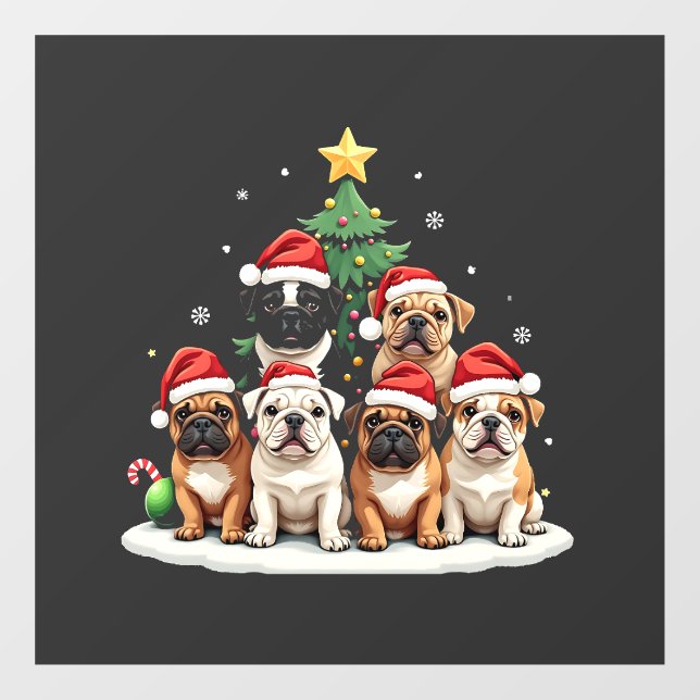 Bulldog Christmas Tree Santa Hat Puppy Lovers  Window Cling (Sheet)