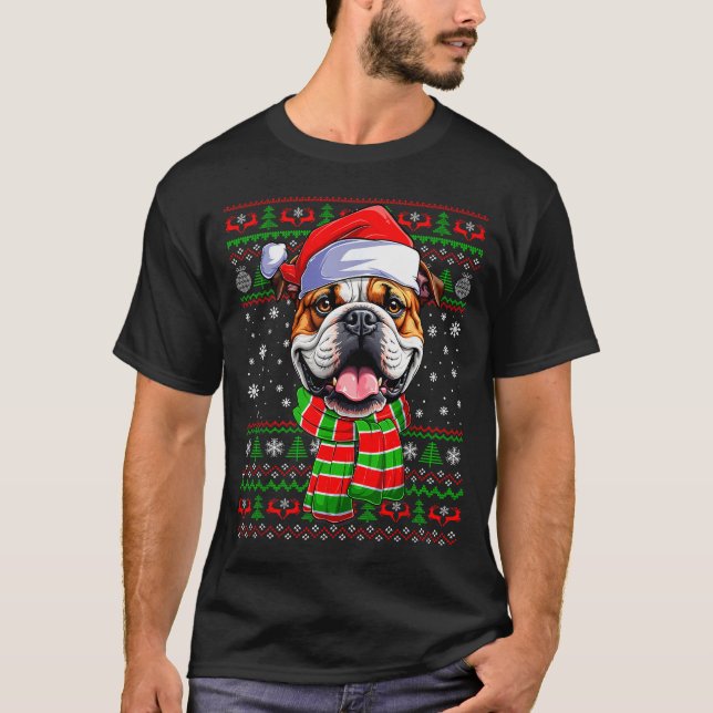 Bulldog Christmas Ugly Sweater Funny Santa Hat Dog (Front)