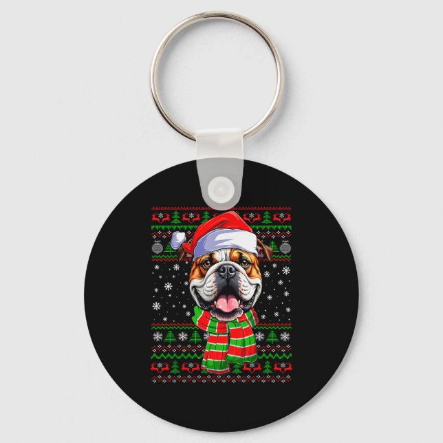 Bulldog Christmas Ugly Sweater Funny Santa Hat Dog Key Ring (Front)