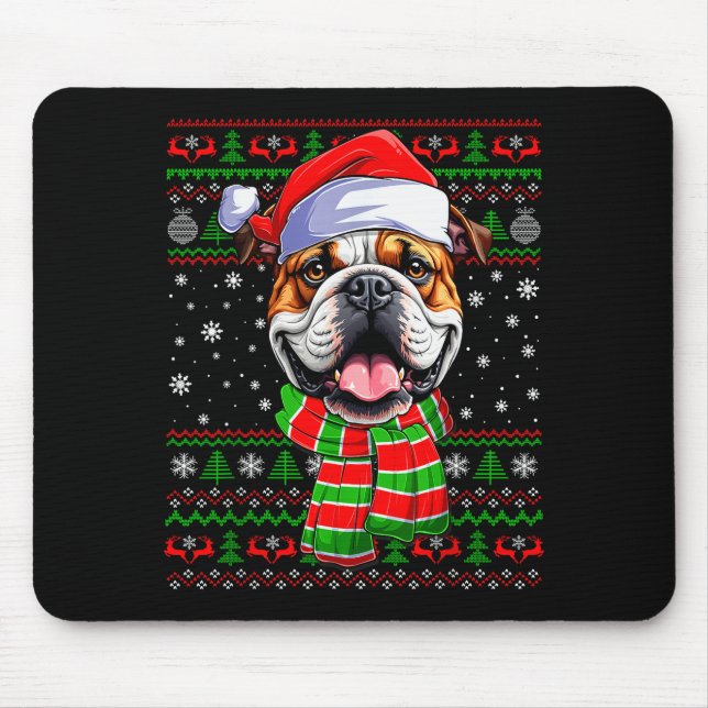 Bulldog Christmas Ugly Sweater Funny Santa Hat Dog Mouse Mat (Front)