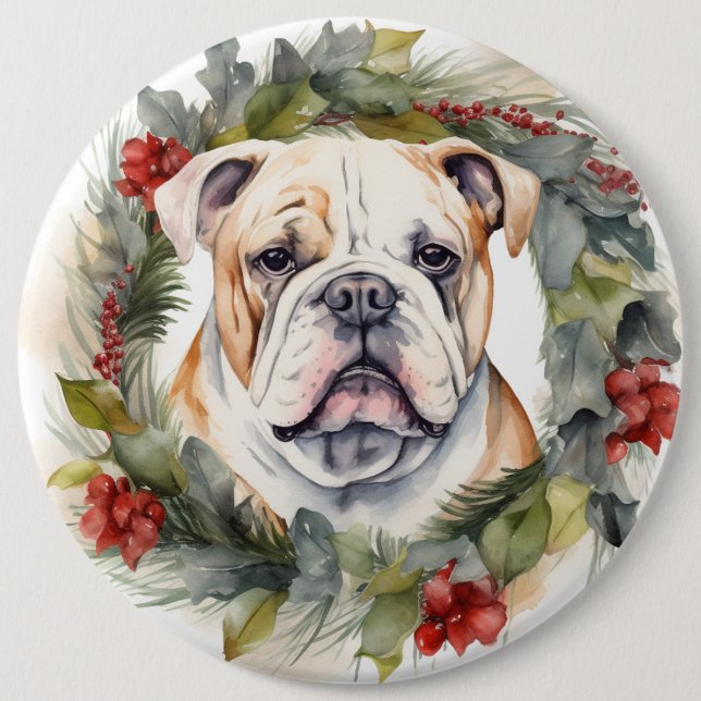Bulldog Christmas Wreath Festive Pup  6 Cm Round Badge (Front)