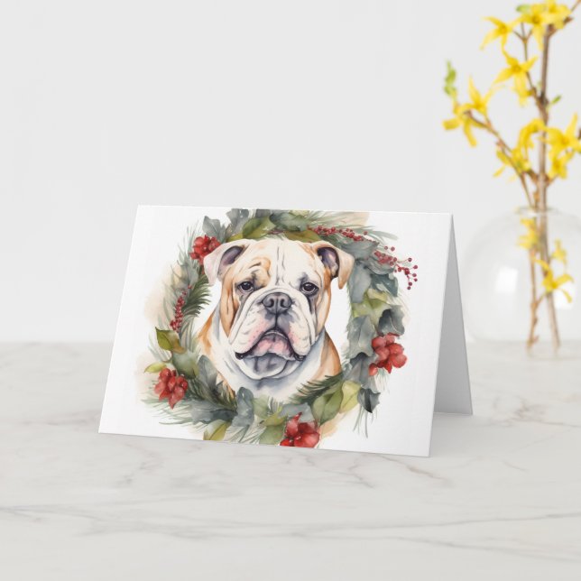 Bulldog Christmas Wreath Festive Pup  Card (Yellow Flower)