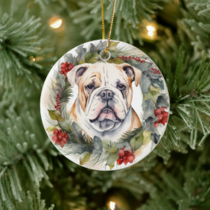 Bulldog Christmas Wreath Festive Pup Ceramic Tree Decoration