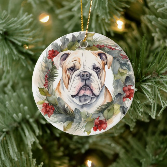 Bulldog Christmas Wreath Festive Pup  Ceramic Tree Decoration (Tree)