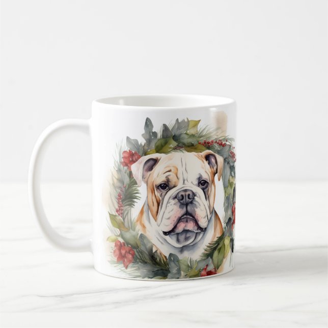 Bulldog Christmas Wreath Festive Pup  Coffee Mug (Left)