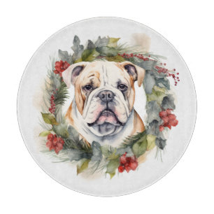 Bulldog Christmas Wreath Festive Pup  Cutting Board