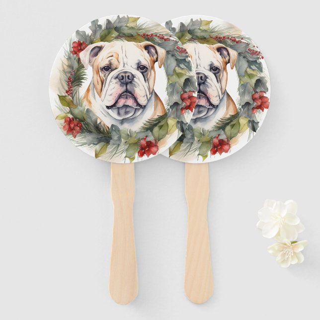 Bulldog Christmas Wreath Festive Pup  Hand Fan (Front and Back)