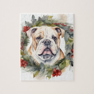 Bulldog Christmas Wreath Festive Pup Jigsaw Puzzle