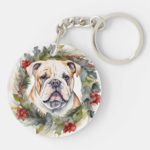 Bulldog Christmas Wreath Festive Pup  Key Ring