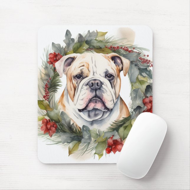 Bulldog Christmas Wreath Festive Pup  Mouse Mat (With Mouse)