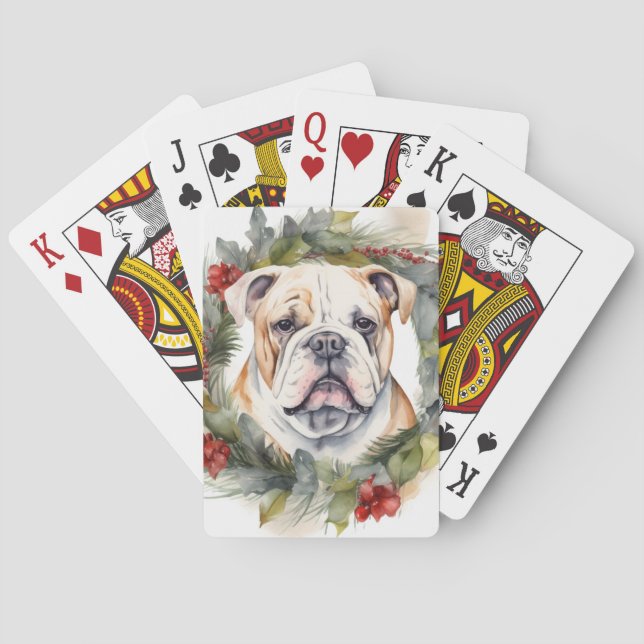 Bulldog Christmas Wreath Festive Pup  Playing Cards (Back)
