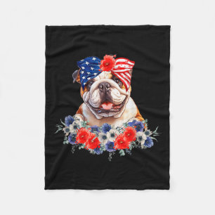 Bulldog Dog Bandanna American Flag 4th Of July Fleece Blanket