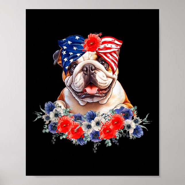Bulldog Dog Bandanna American Flag 4th Of July  Poster (Front)
