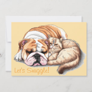Bulldog Dog Cat Let's Snuggle Hearts Holiday Card