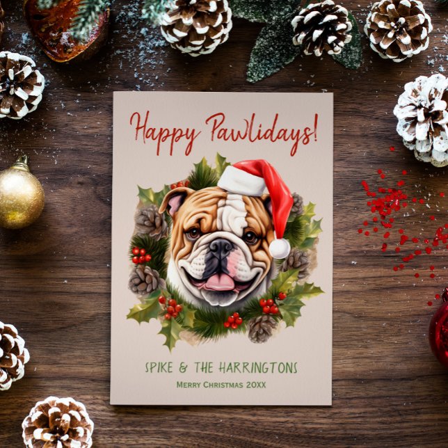 Bulldog Dog Christmas Happy Pawlidays Howlidays Holiday Card (Creator Uploaded)