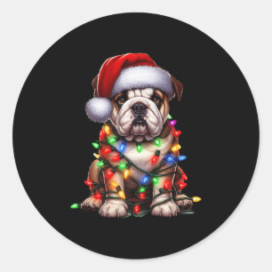 Bulldog Dog Christmas Lights Santa Hat Dog Lover P Classic Round Sticker