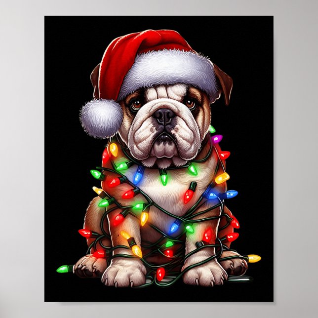 Bulldog Dog Christmas Lights Santa Hat Dog Lover P Poster (Front)