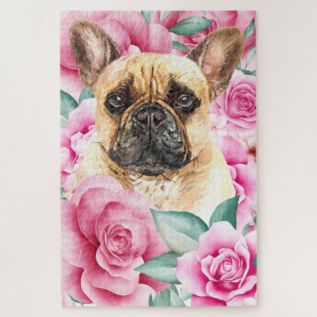 Bulldog dog face watercolor drawing pink rose jigsaw puzzle (Vertical)