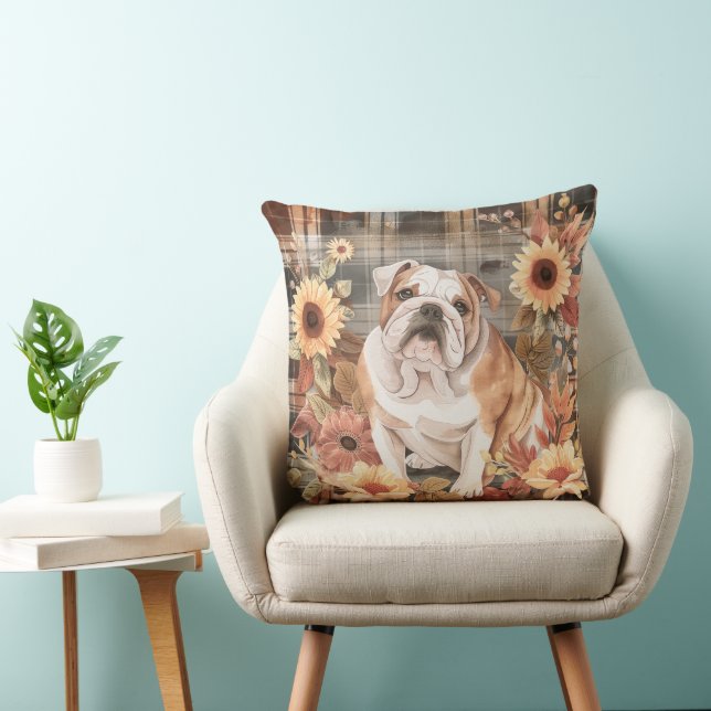 Bulldog Dog Fall Watercolor Flowers Cushion (Chair)