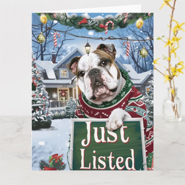 Bulldog Dog Festive Realtor Christmas Card (Yellow Flower)