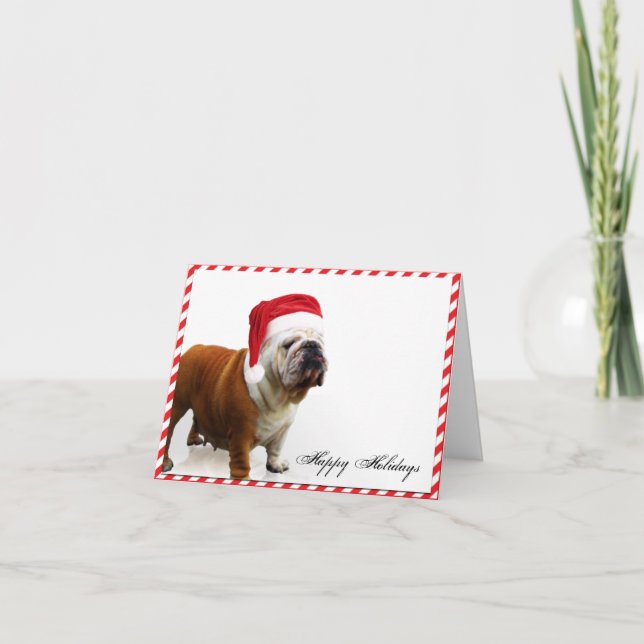 Bulldog Dog in Santa Hat Christmas Card (Front)