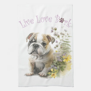 Bulldog Dog Mum Floral Tea Towel