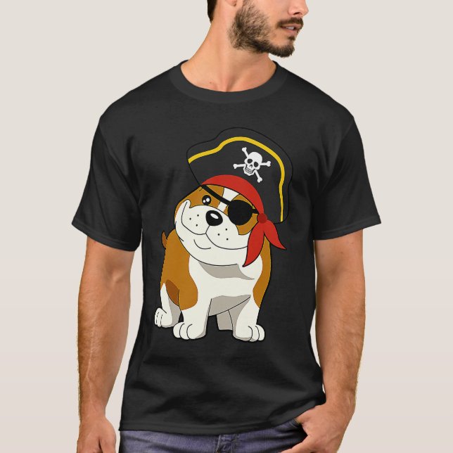 Bulldog Dog Pirate Captain with Skull Easy Hallowe T-Shirt (Front)