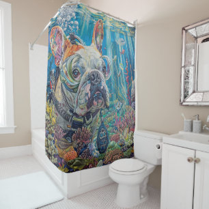 Bulldog Dog Scuba Diving Underwater Shower Curtain