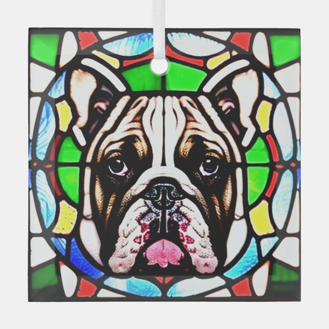 Bulldog Dog "Stained Glass"  Glass Tree Decoration (Front)