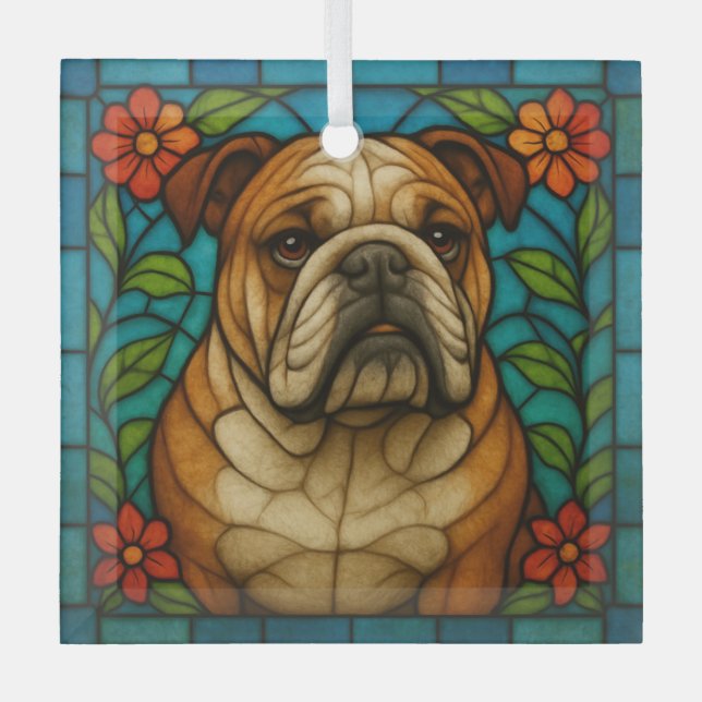 Bulldog Dog "Stained Glass"  Glass Tree Decoration (Front)
