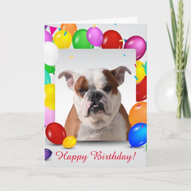 Bulldog Dog with colourful Balloons Birthday Theme Card (Front)