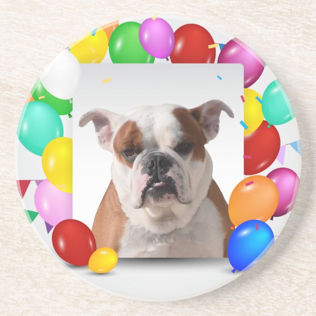Bulldog Dog with colourful Balloons Birthday Theme Coaster (Front)