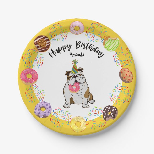 Bulldog Doughnuts Birthday Party Paper Plate (Front)
