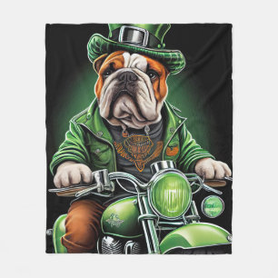 Bulldog Driving Bike St. Patrick's Day Fleece Blanket