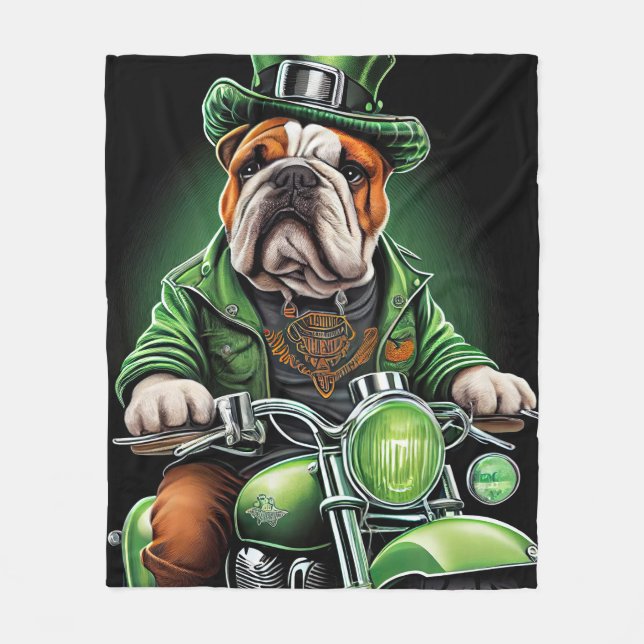 Bulldog Driving Bike St. Patrick's Day Fleece Blanket (Front)