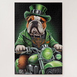 Bulldog Driving Bike St. Patrick's Day Jigsaw Puzzle