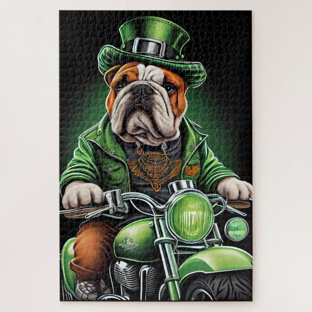 Bulldog Driving Bike St. Patrick's Day Jigsaw Puzzle (Vertical)