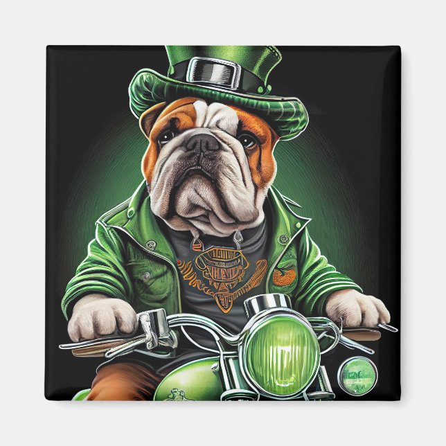 Bulldog Driving Bike St. Patrick's Day Magnet (Front)