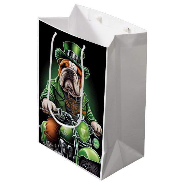 Bulldog Driving Bike St. Patrick's Day Medium Gift Bag (Front Angled)
