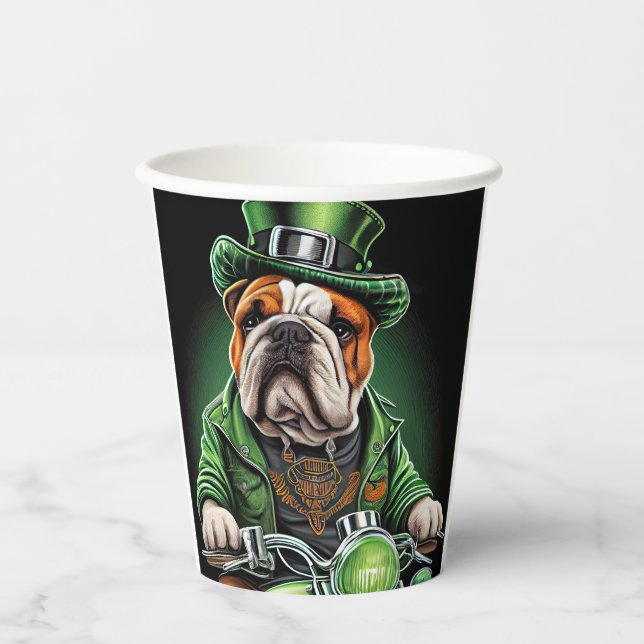 Bulldog Driving Bike St. Patrick's Day Paper Cups (Front)