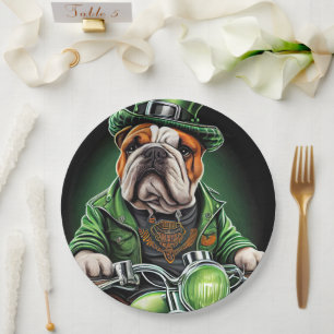 Bulldog Driving Bike St. Patrick's Day Paper Plate