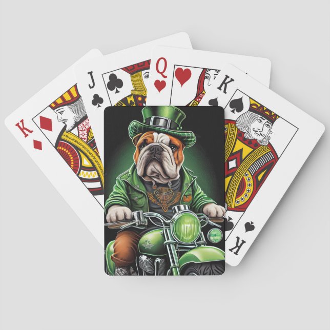 Bulldog Driving Bike St. Patrick's Day Playing Cards (Back)