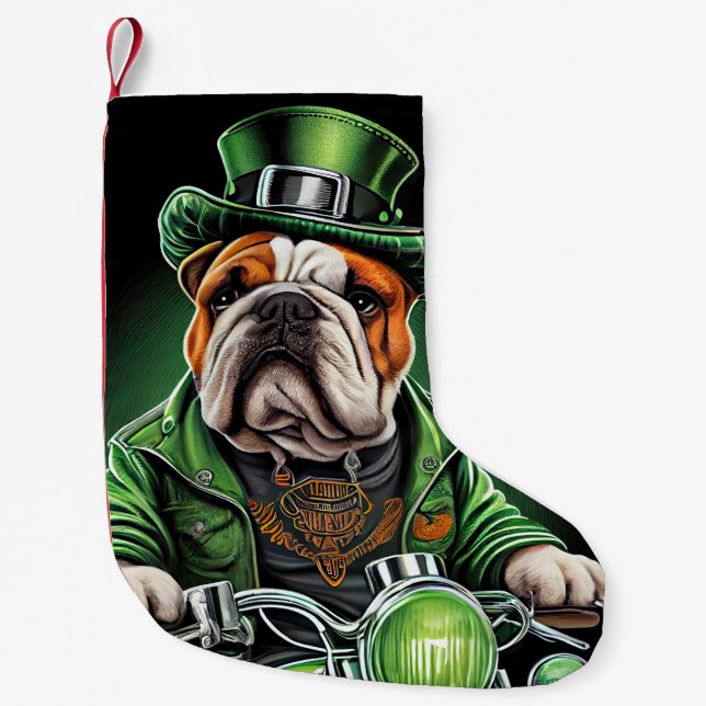 Bulldog Driving Bike St. Patrick's Day Small Christmas Stocking (Front)