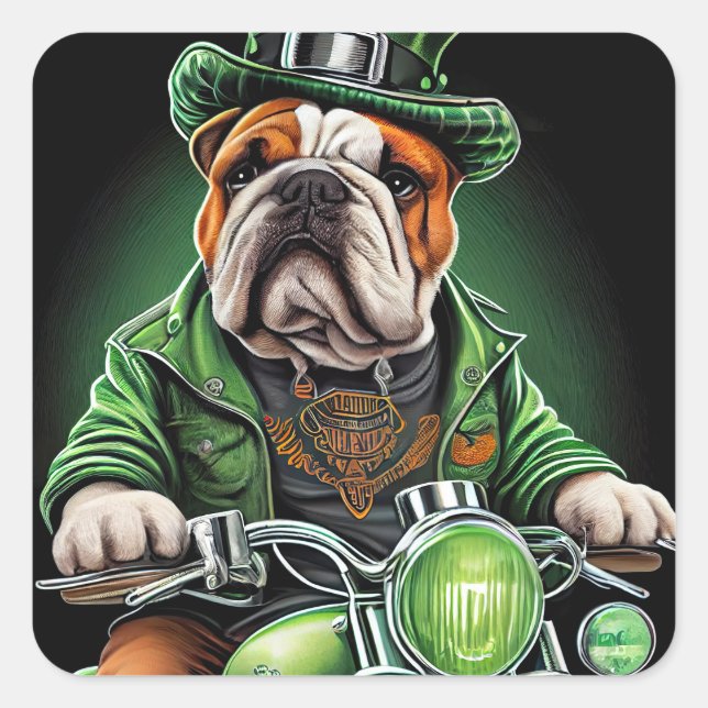 Bulldog Driving Bike St. Patrick's Day Square Sticker (Front)