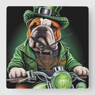 Bulldog Driving Bike St. Patrick's Day Square Wall Clock