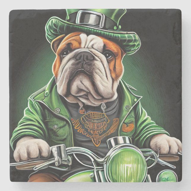 Bulldog Driving Bike St. Patrick's Day Stone Coaster (Front)